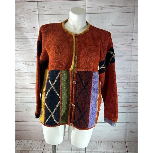 VTG Handmade by Rainbow crafts Cardigan women Size L Knitted Sweater Orange Blue - Picture 1 of 10